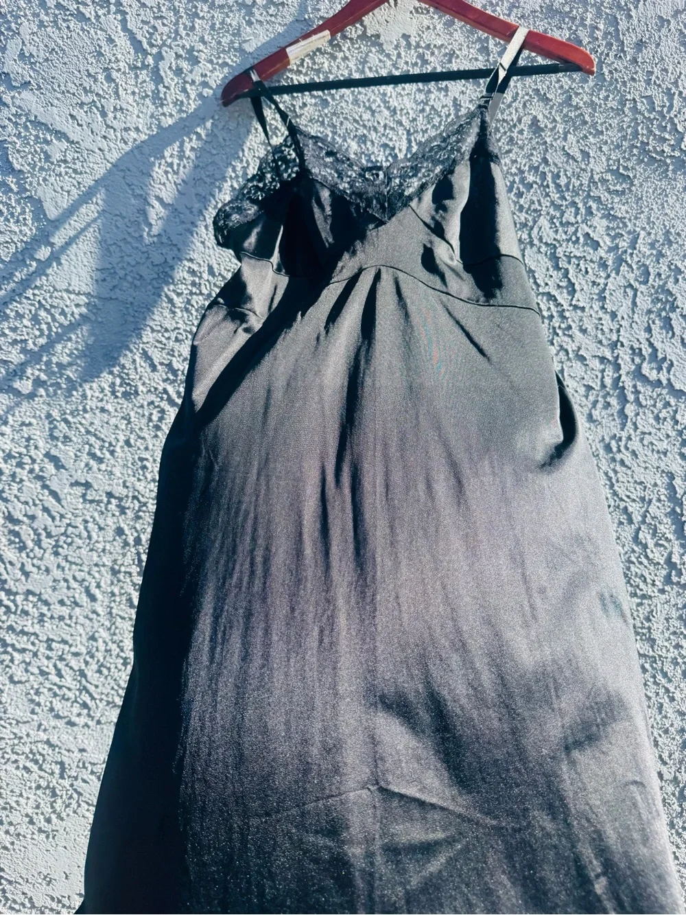 Vintage American Black Nylon Slip Dress with Lace Trim, Size Small Made In USA